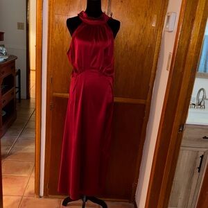Red Satin HalterTie Back Ankle Length Dress SZ LARGE